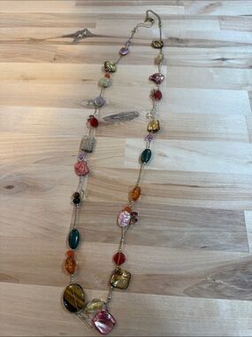 Lia Sophia Multicolor Glass and Shell Bead Necklace with Green and Amber Accents